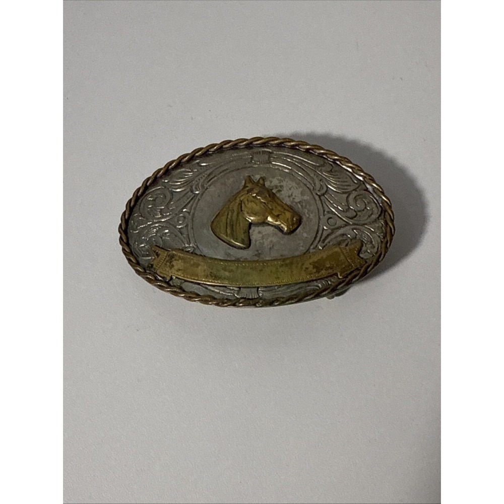 Horse Head Bust on mixed metal western award scroll Nickel SILVER belt buckle